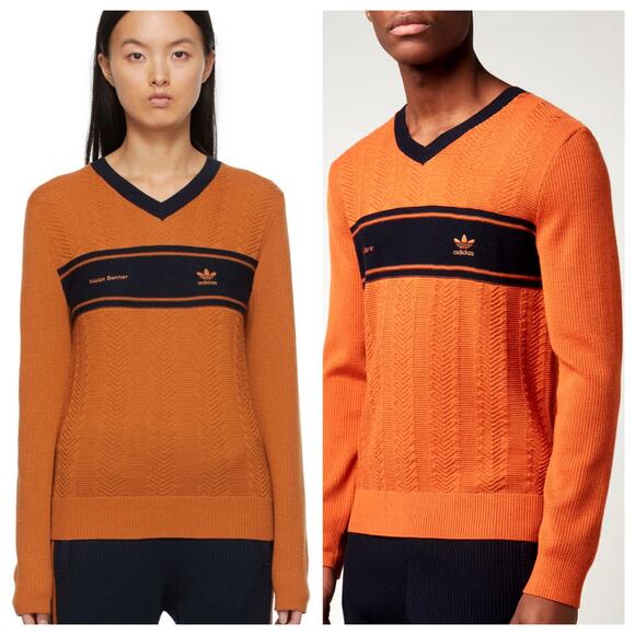 Adidas X Wales Bonner Men's Wool Knit Long Sleeve Shirt V-neck in Orange Size M - Picture 1 of 12